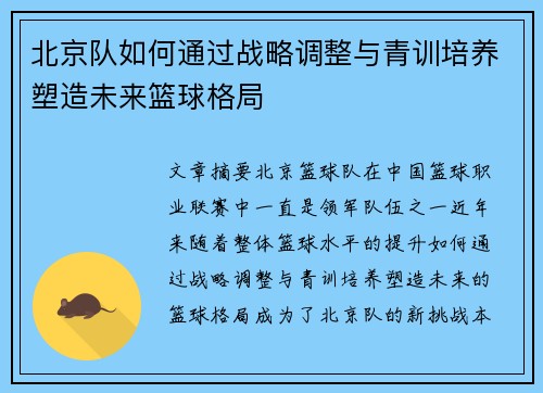 北京队如何通过战略调整与青训培养塑造未来篮球格局